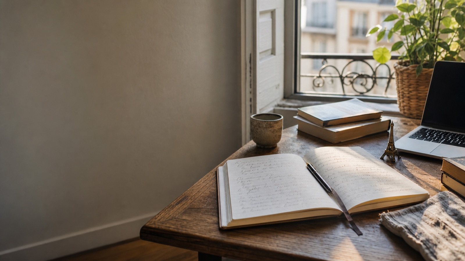 A notebook open to handwritten French, a cup of coffee, and books on a wooden desk by a Parisian window.